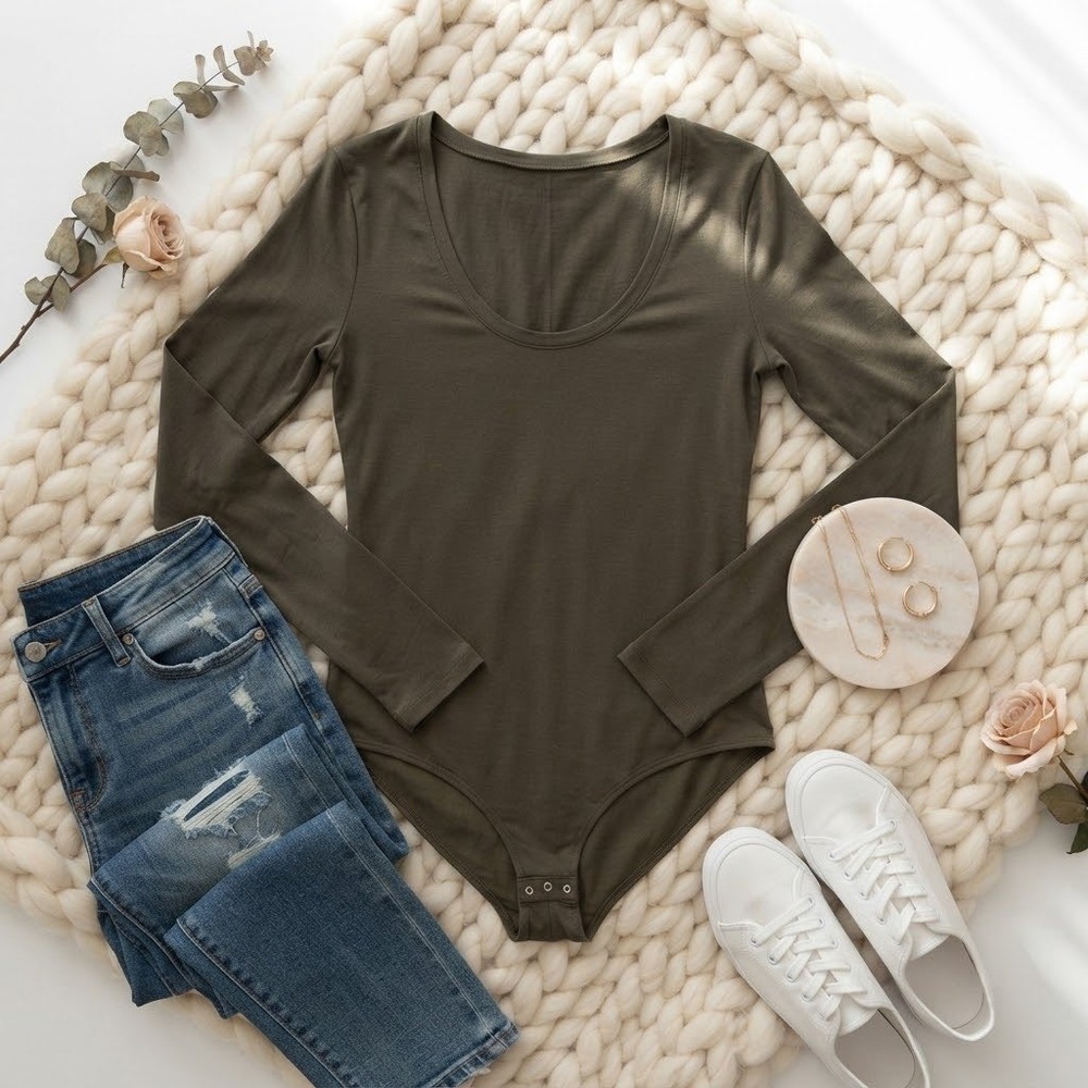 Free People Intimately Long Sleeve Scoop Neck Bodysuit Olive Green Medium